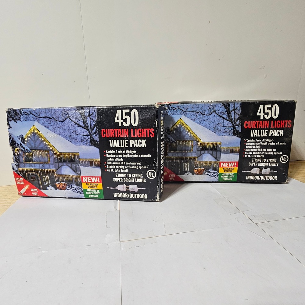 Lot of 2 450 Curtain Lights Value Pack Clear Bulbs White Wire Indoor Outdoor 90'